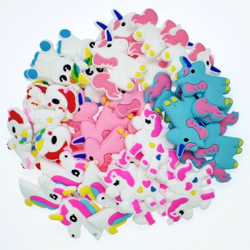 50pcs Mixed Unicorn Horse Shoe Charms Decorations For Wristbands Kids Gifts Pvc