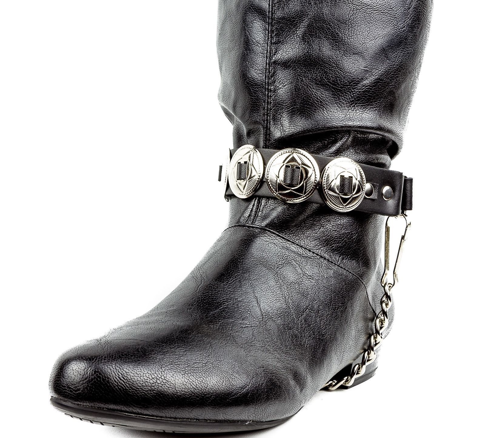 Round Concho Leather Boot Strap With Chain Bikers Punk Goth Cowboy Style 1 Pc
